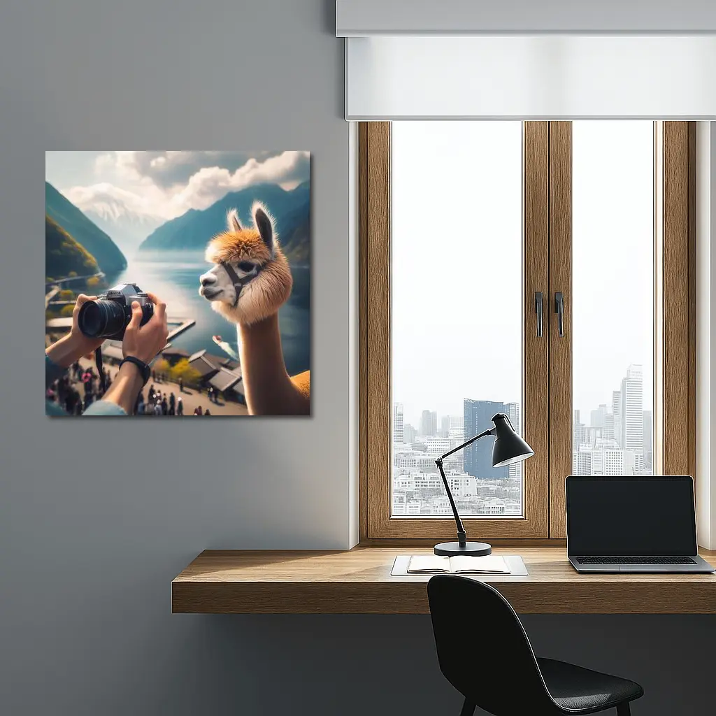 Alpaca Posing for Camera Mountain Lake – Wall Art
