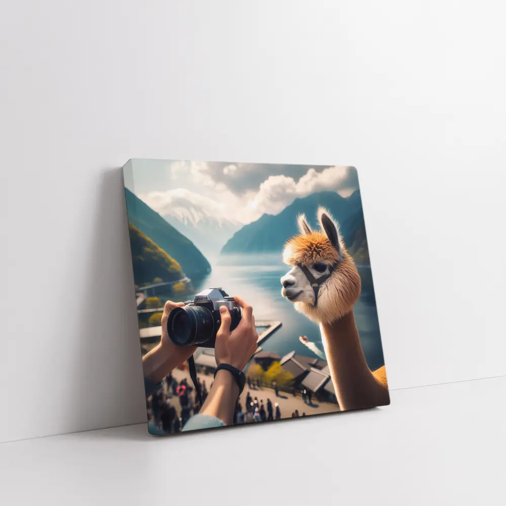 Alpaca Posing for Camera Mountain Lake – Wall Art