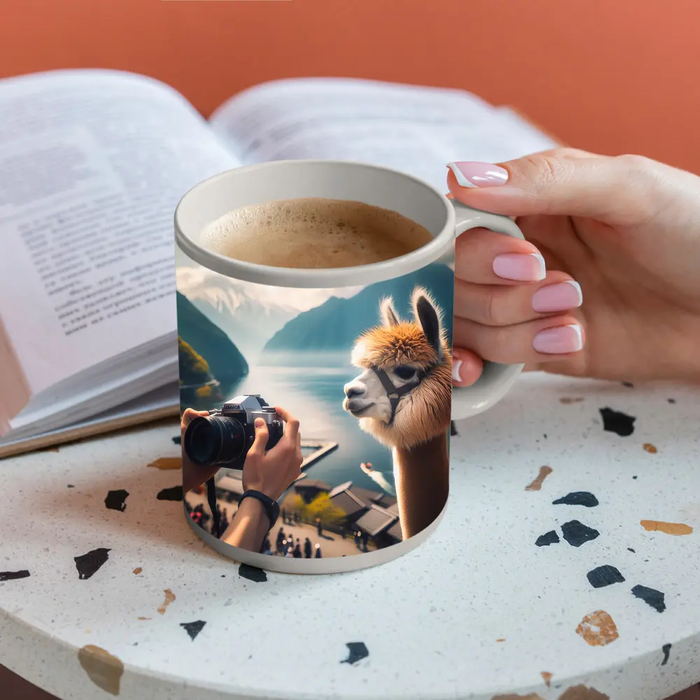 Alpaca Posing for Camera Mountain Lake – Mugs