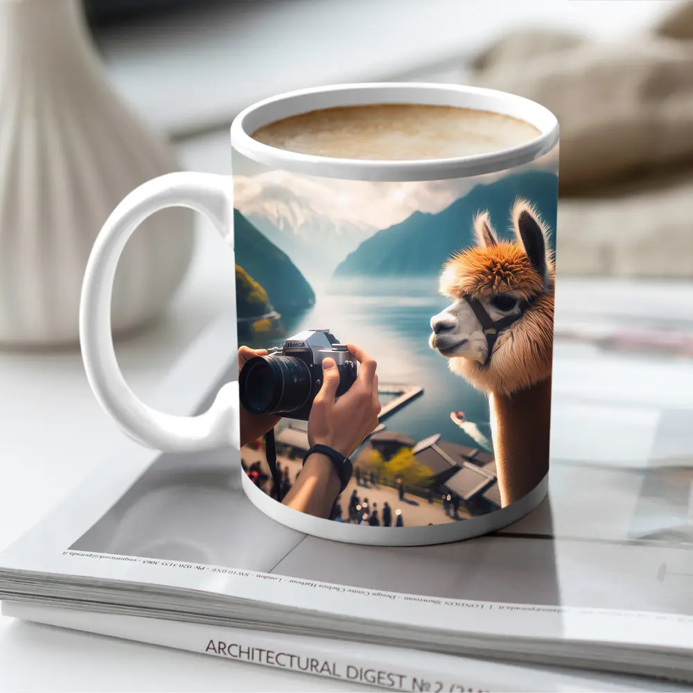 Alpaca Posing for Camera Mountain Lake – Mugs