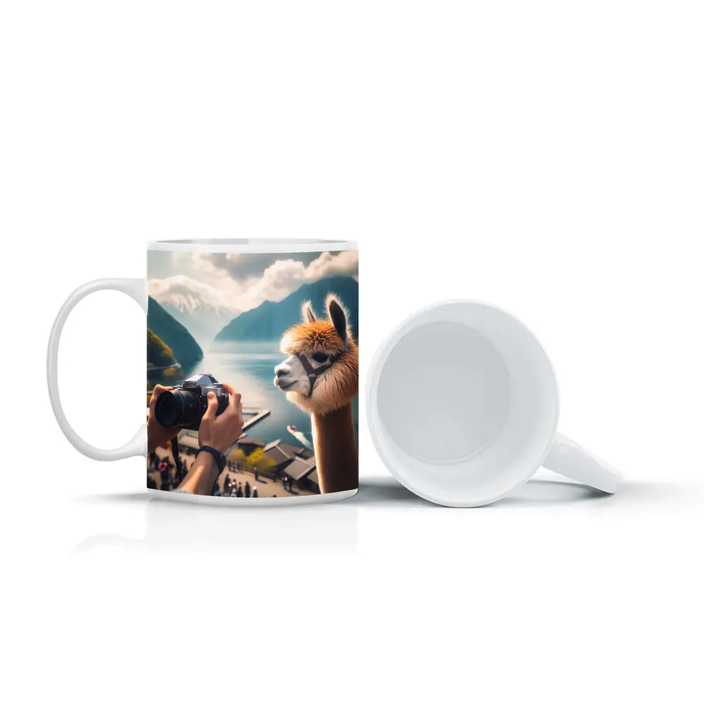 Alpaca Posing for Camera Mountain Lake – Mugs