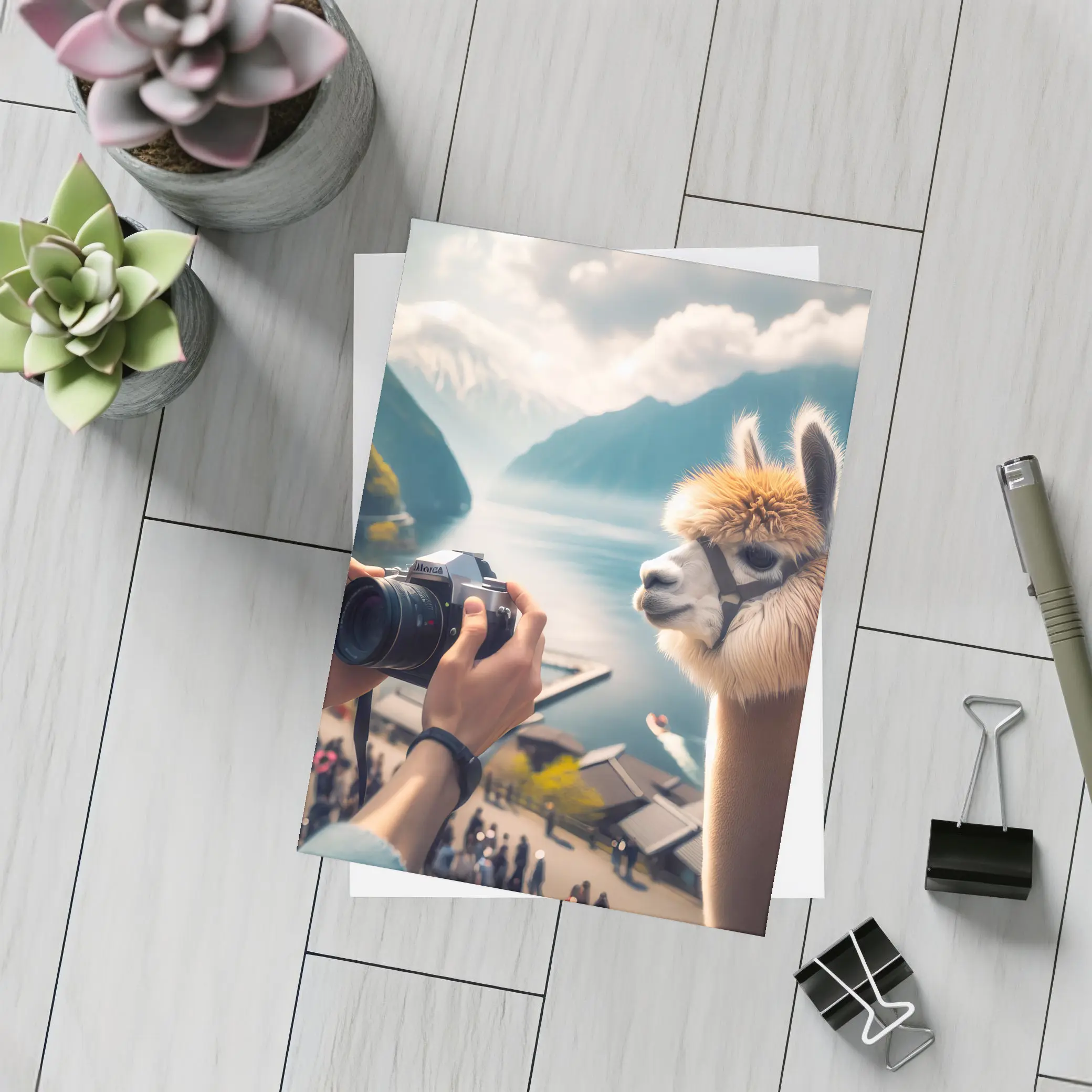 Alpaca Posing for Camera Mountain Lake – Postcards