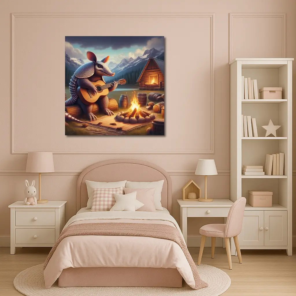 Armadillo Playing Guitar By Campfire Mountains – Wall Art