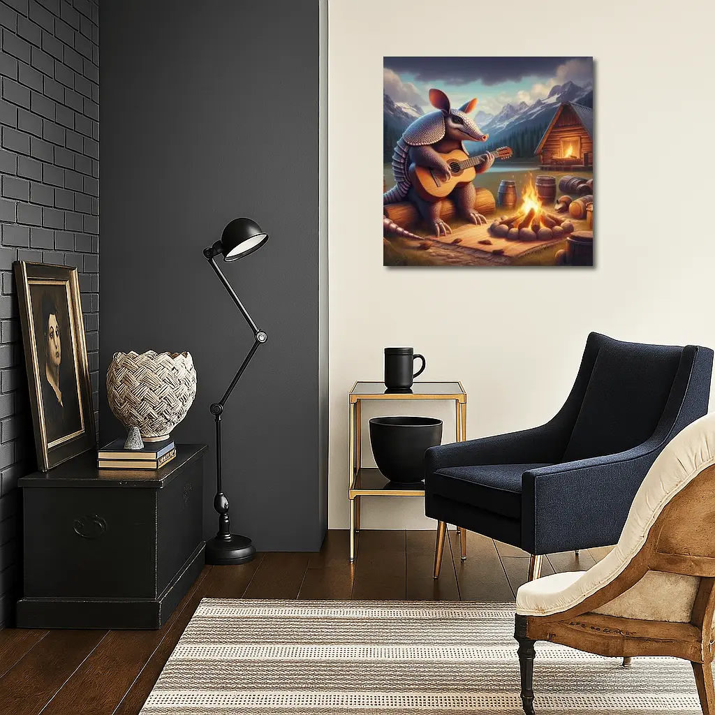 Armadillo Playing Guitar By Campfire Mountains – Wall Art