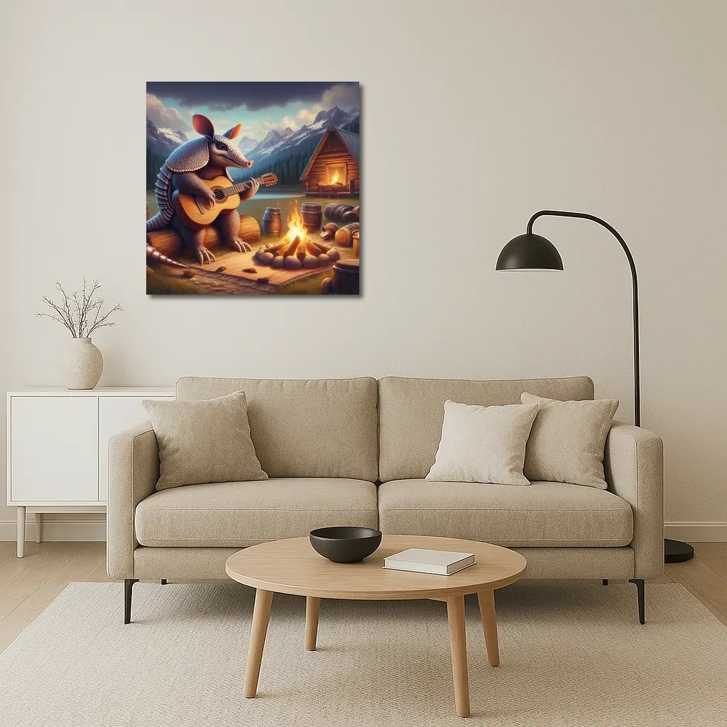 Armadillo Playing Guitar By Campfire Mountains – Wall Art