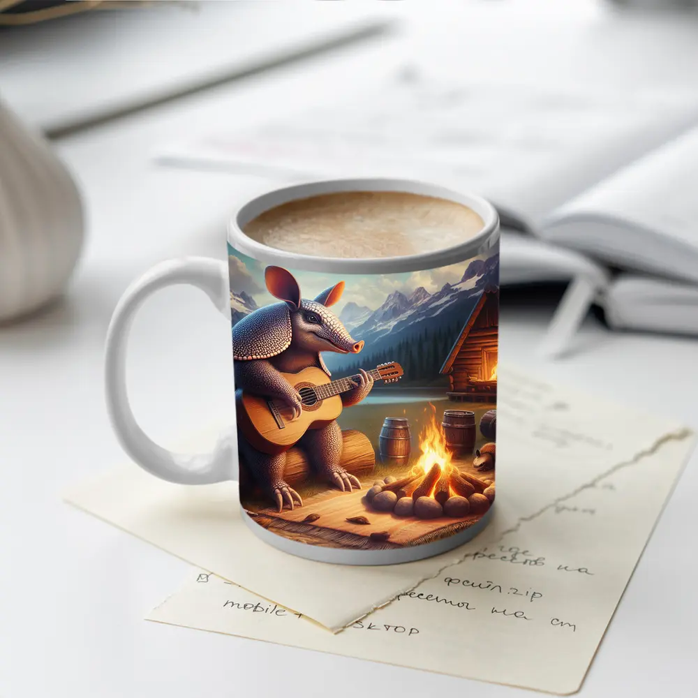 Armadillo Playing Guitar By Campfire Mountains – Mugs