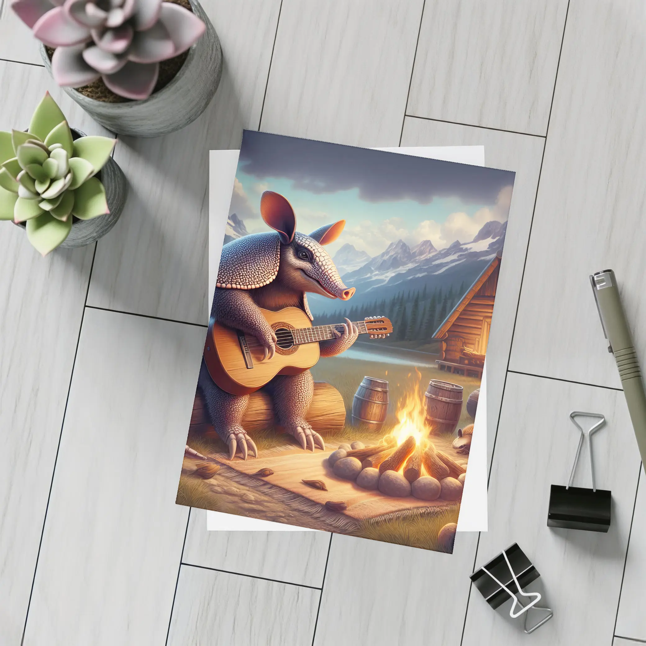 Armadillo Playing Guitar By Campfire Mountains – Postcards