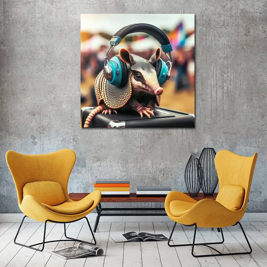 Armadillo Wearing Headphones At Music Festival – Wall Art