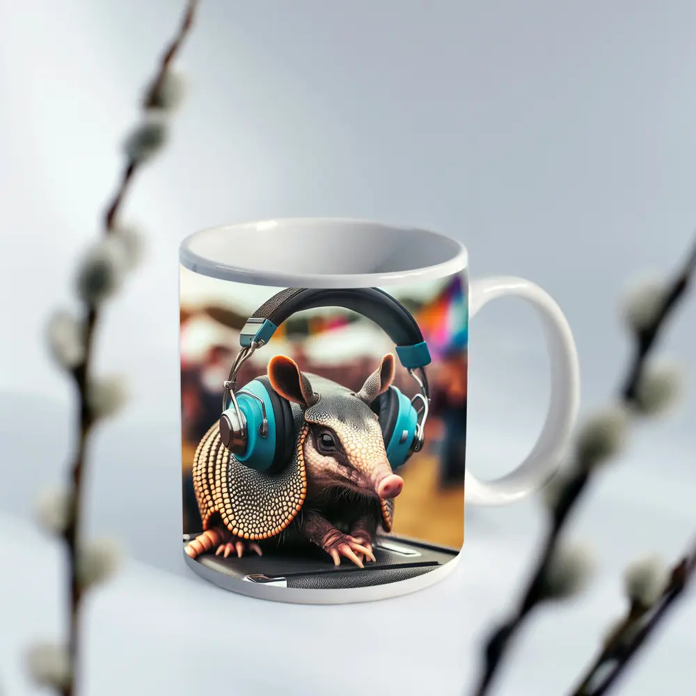 Armadillo Wearing Headphones At Music Festival – Mugs