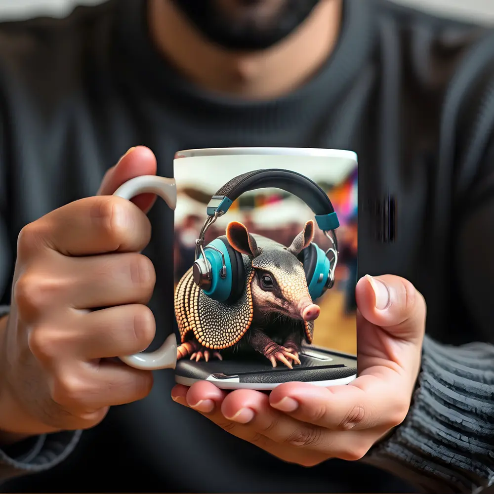 Armadillo Wearing Headphones At Music Festival – Mugs
