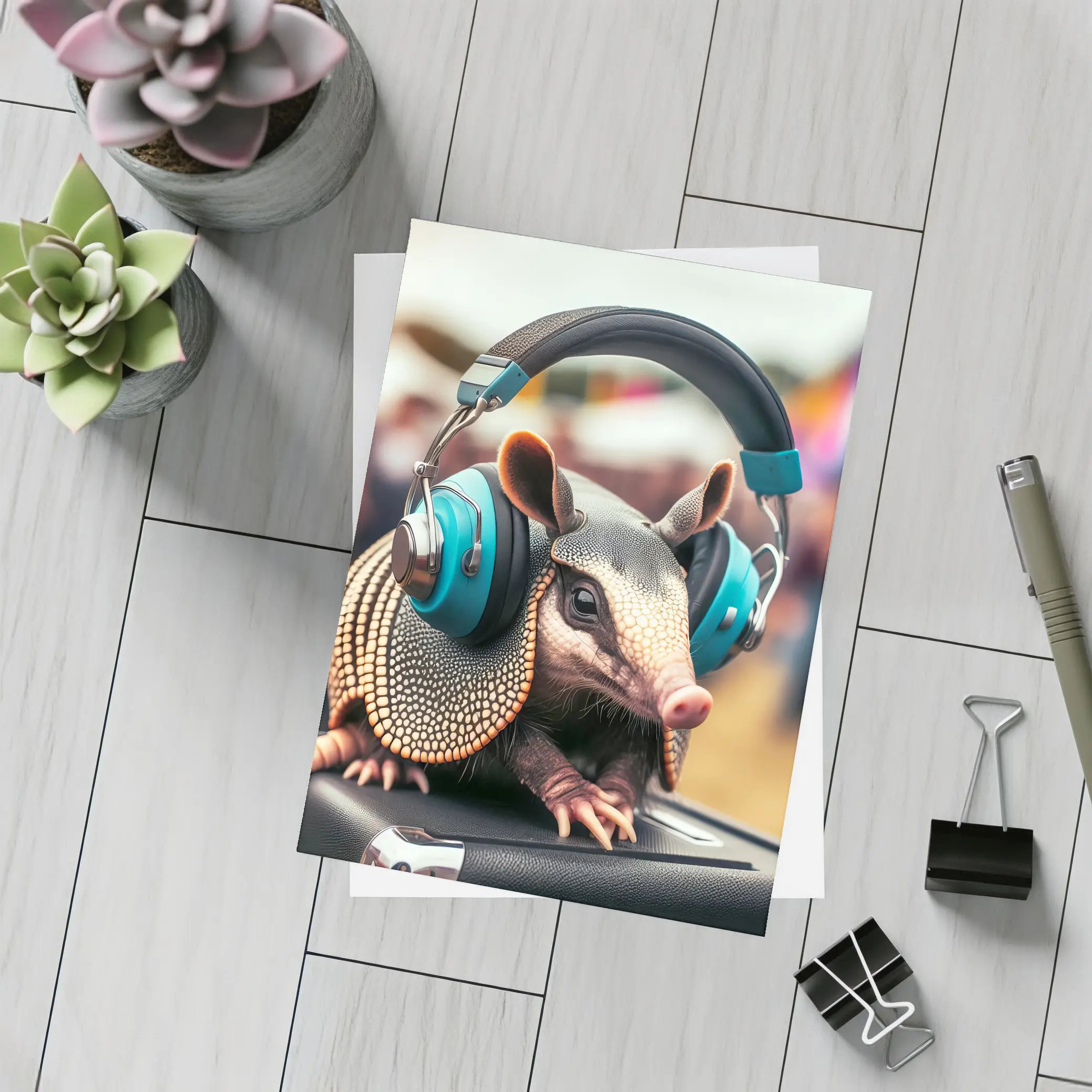 Armadillo Wearing Headphones At Music Festival – Postcards