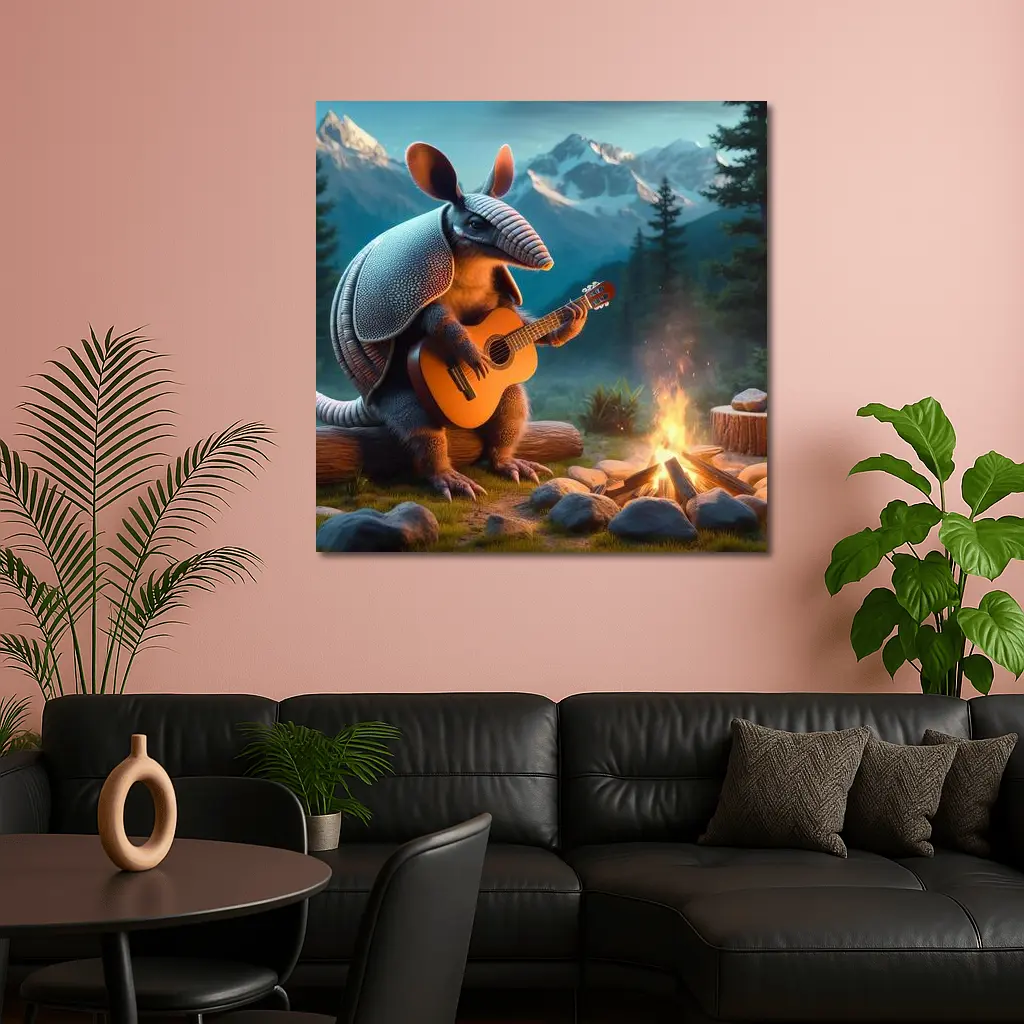 Armadillo Playing Guitar By Campfire Mountains – Wall Art