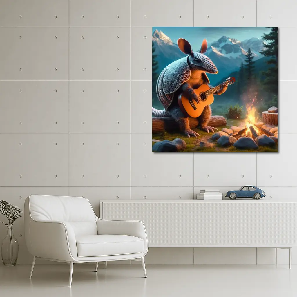 Armadillo Playing Guitar By Campfire Mountains – Wall Art