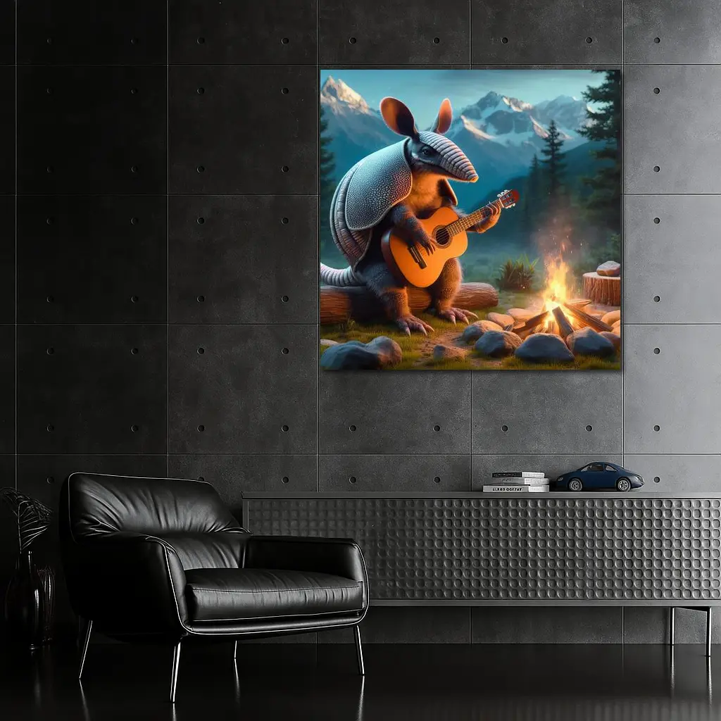 Armadillo Playing Guitar By Campfire Mountains – Wall Art