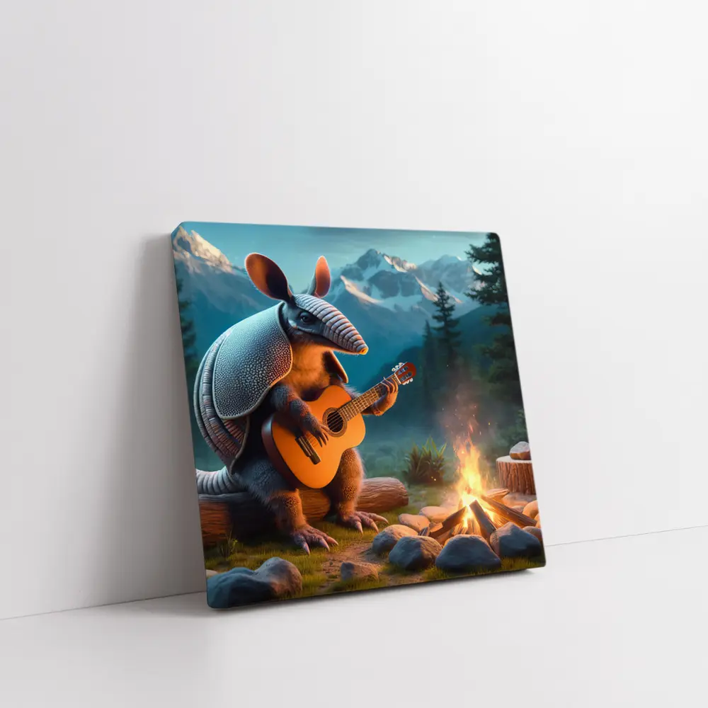 Armadillo Playing Guitar By Campfire Mountains – Wall Art