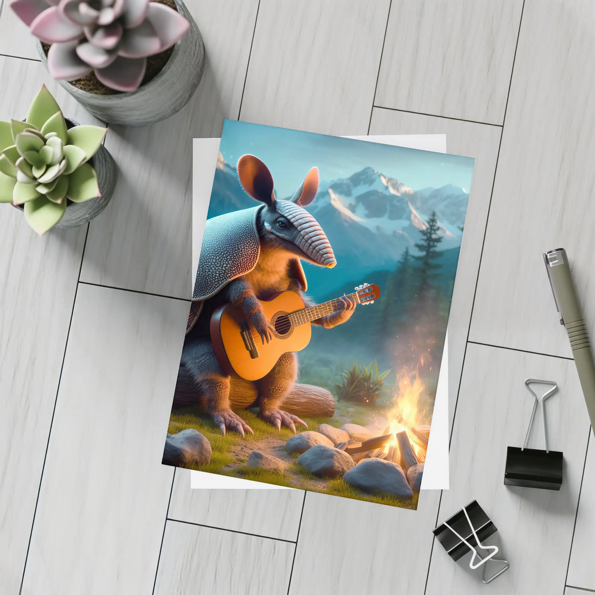 Armadillo Playing Guitar By Campfire Mountains – Postcards