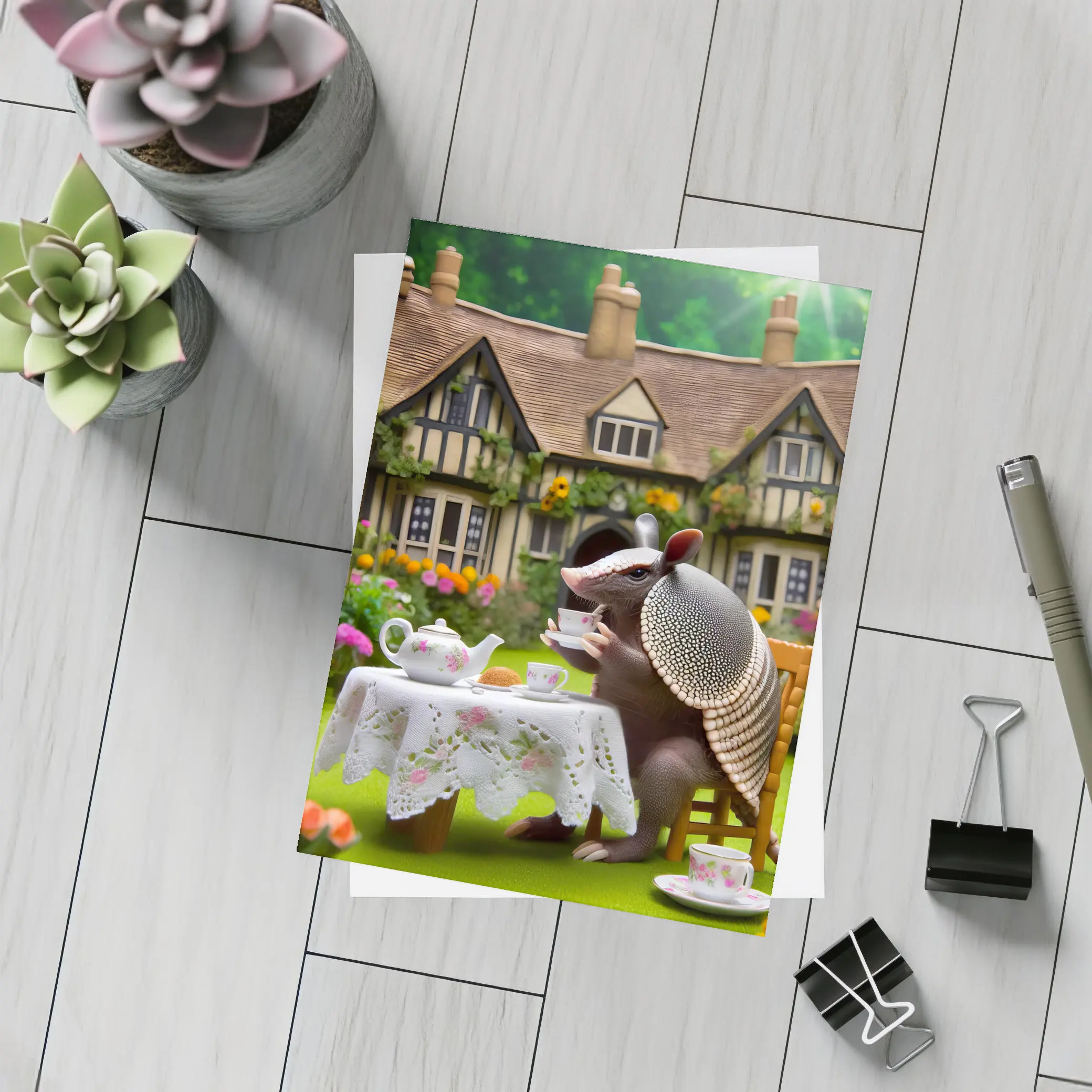 Armadillo Tea Party Cottage Garden Scene – Postcards