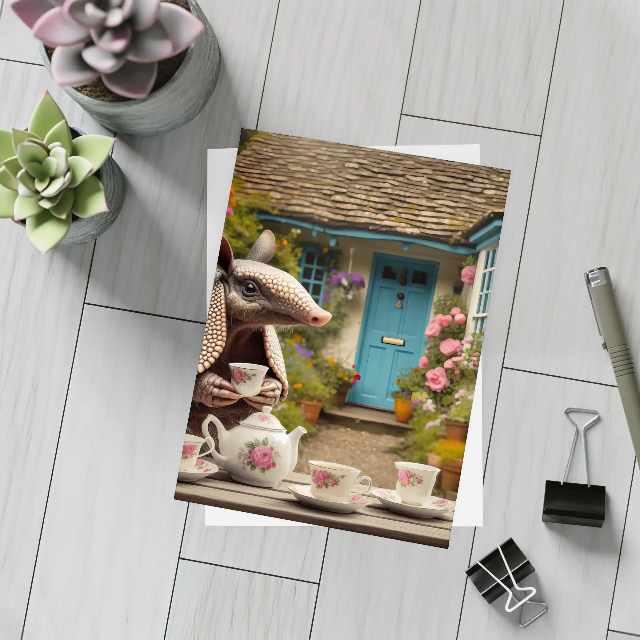 Armadillo Tea Party Cottage Garden Scene – Postcards