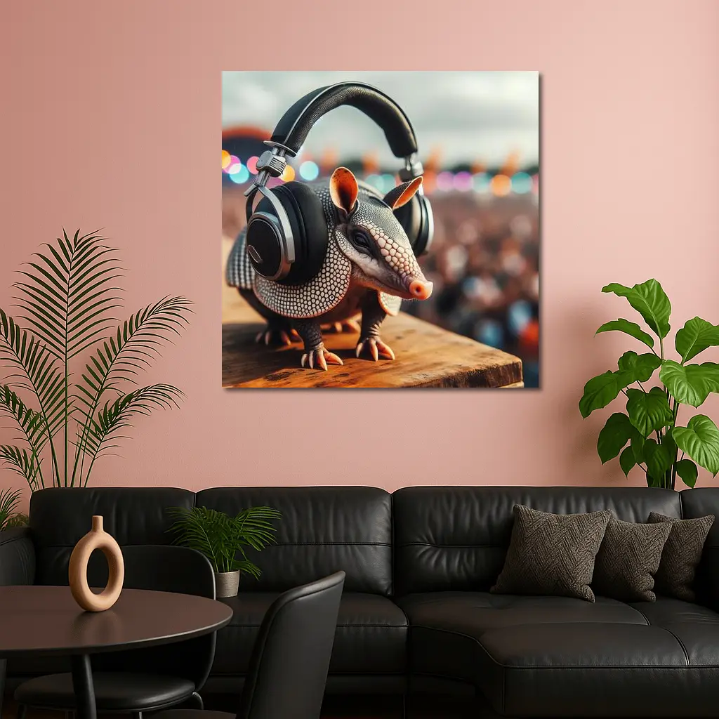 Armadillo Wearing Headphones at Music Festival – Wall Art
