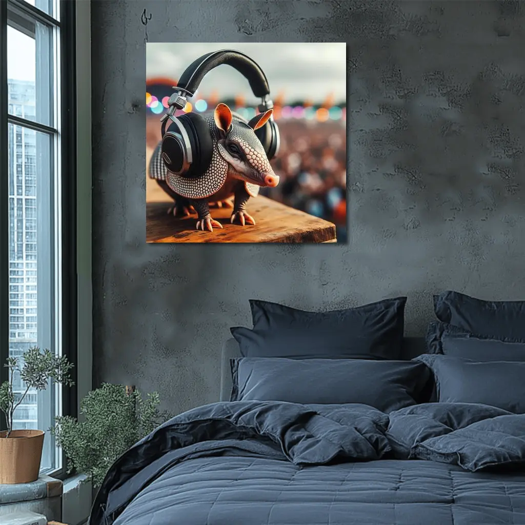 Armadillo Wearing Headphones at Music Festival – Wall Art
