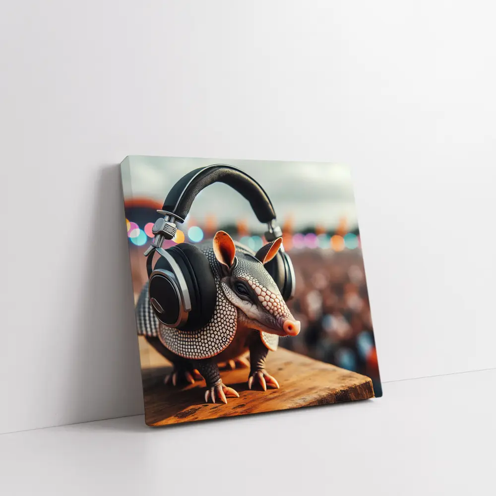 Armadillo Wearing Headphones at Music Festival – Wall Art