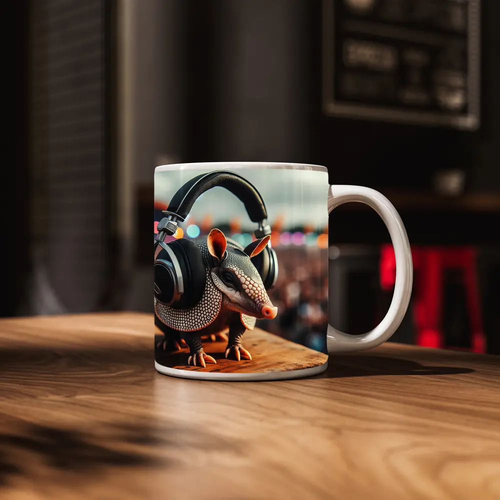 Armadillo Wearing Headphones at Music Festival – Mugs