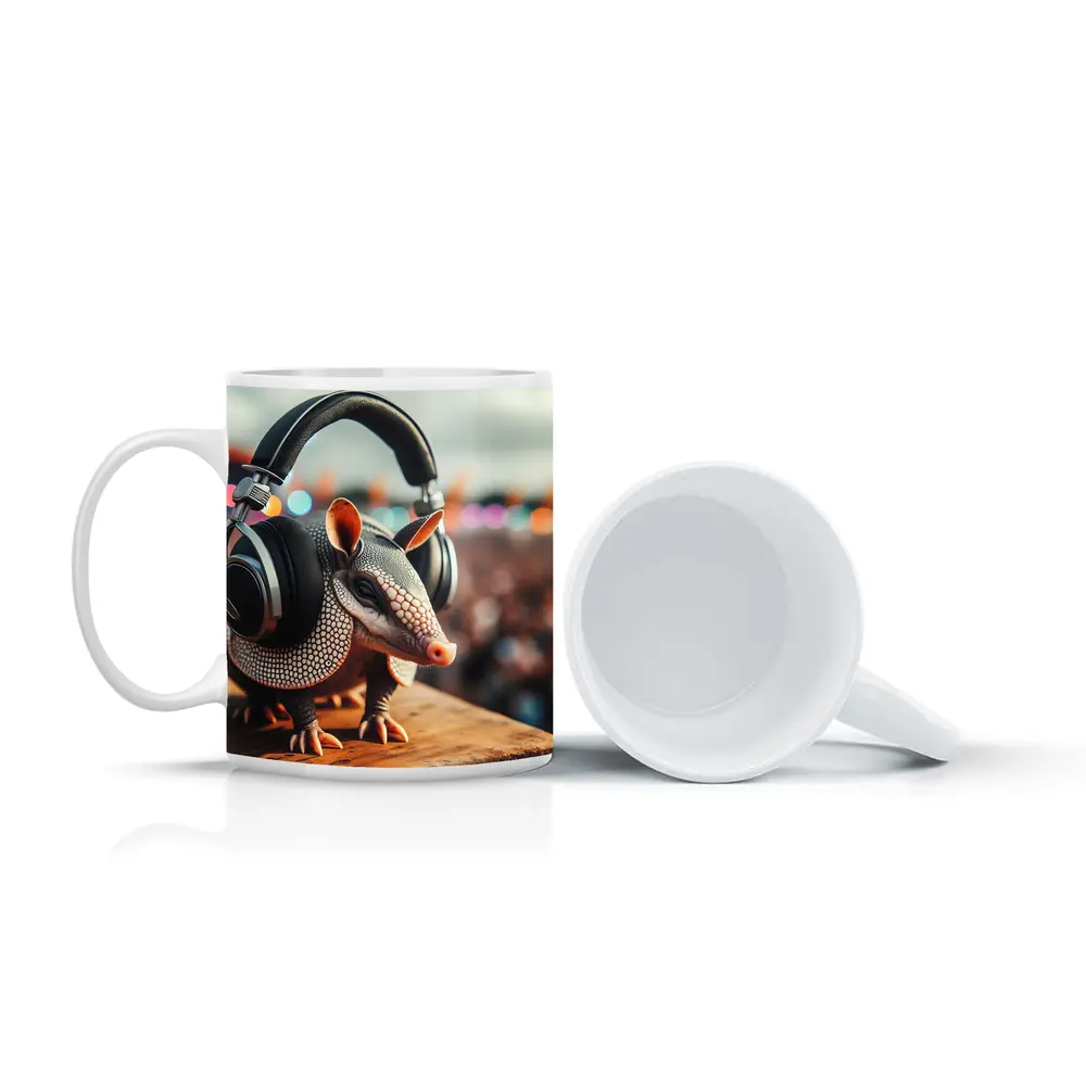 Armadillo Wearing Headphones at Music Festival – Mugs
