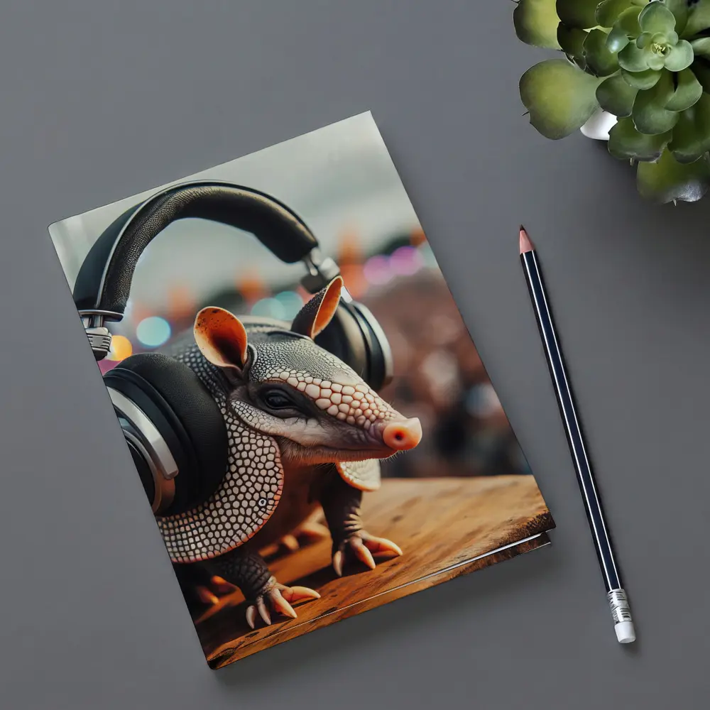 Armadillo Wearing Headphones at Music Festival – Notebooks