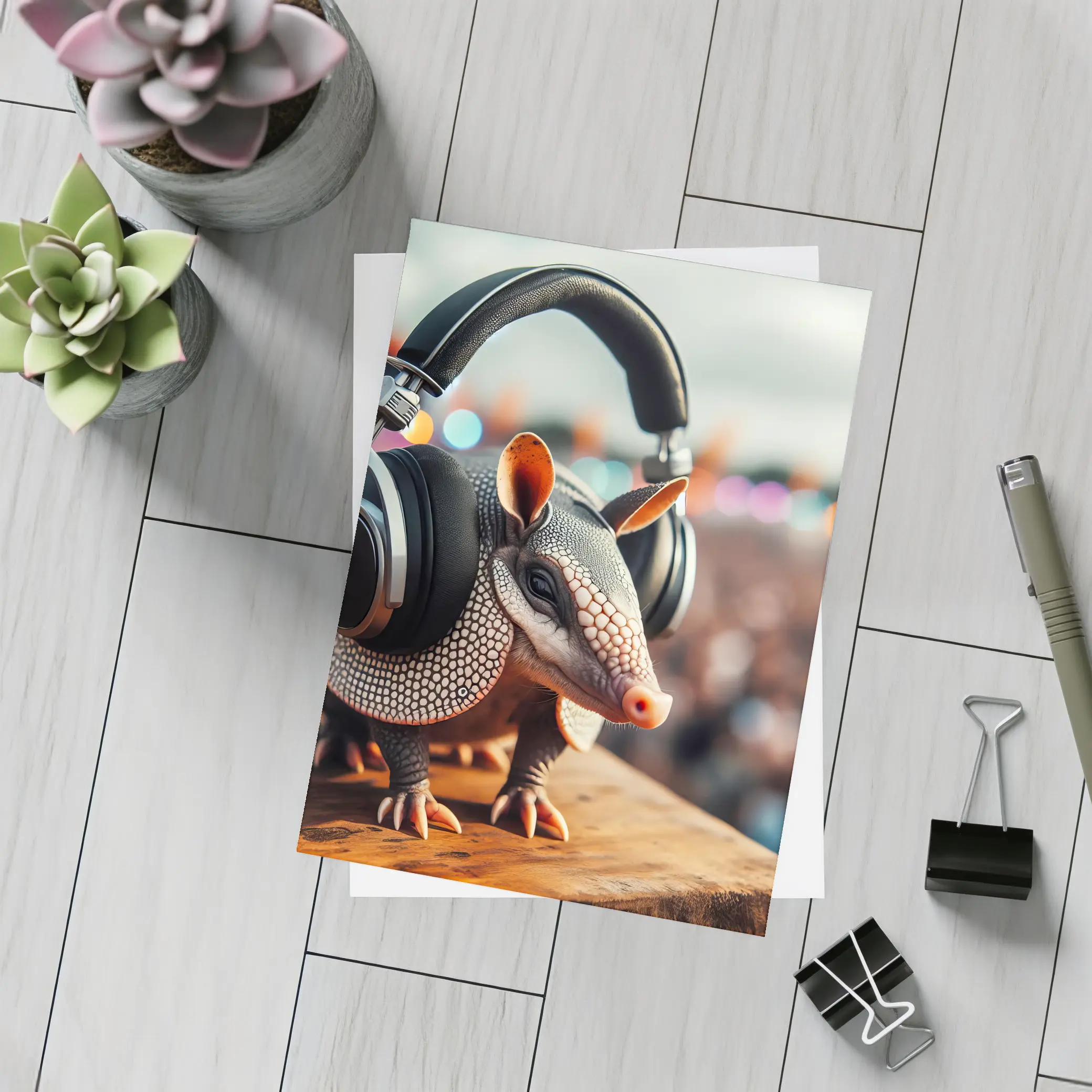 Armadillo Wearing Headphones at Music Festival – Postcards