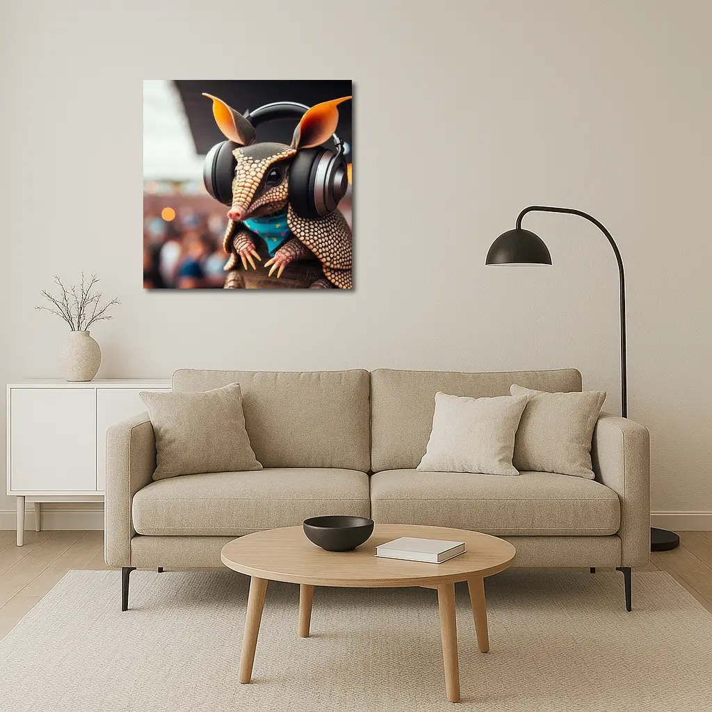 Armadillo DJ Wearing Headphones at Concert – Wall Art