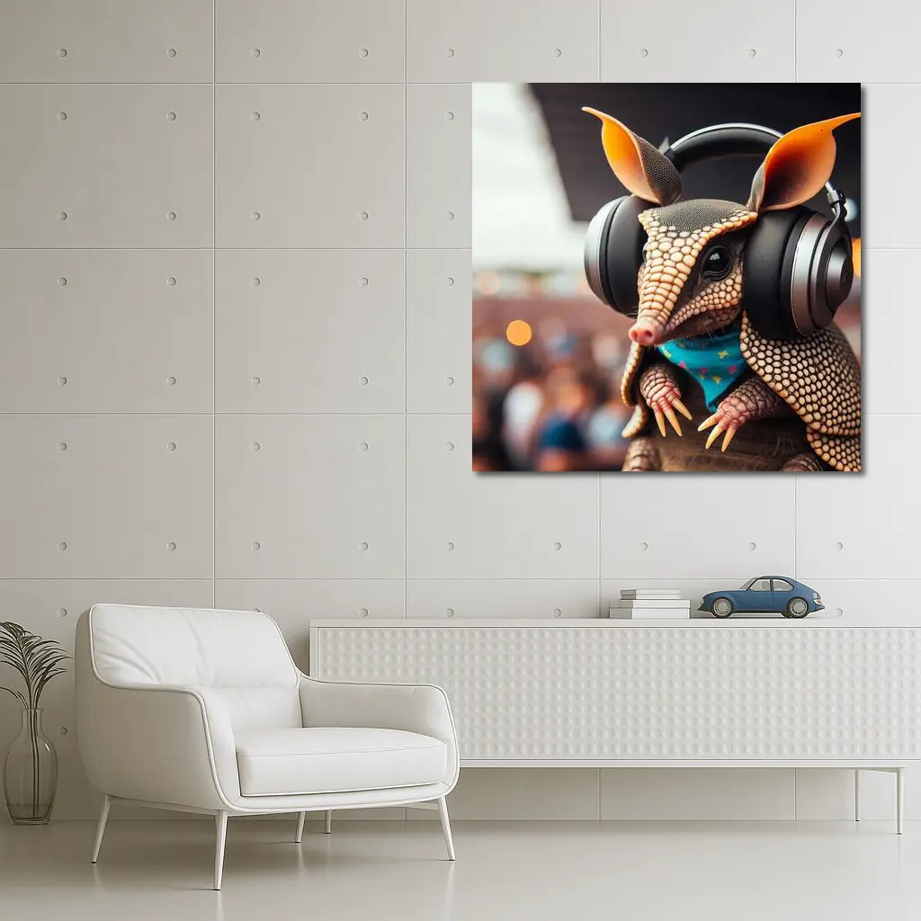 Armadillo DJ Wearing Headphones at Concert – Wall Art