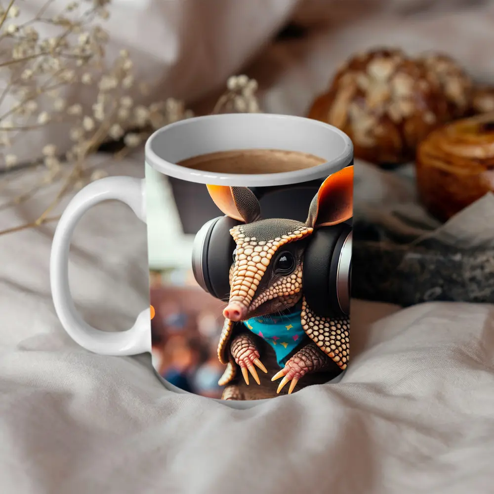 Armadillo DJ Wearing Headphones at Concert – Mugs