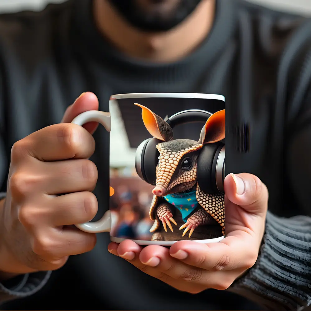 Armadillo DJ Wearing Headphones at Concert – Mugs