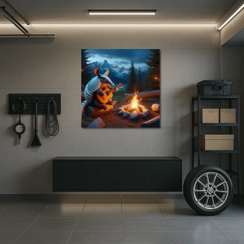 Armadillo Playing Guitar By Campfire Mountains – Wall Art