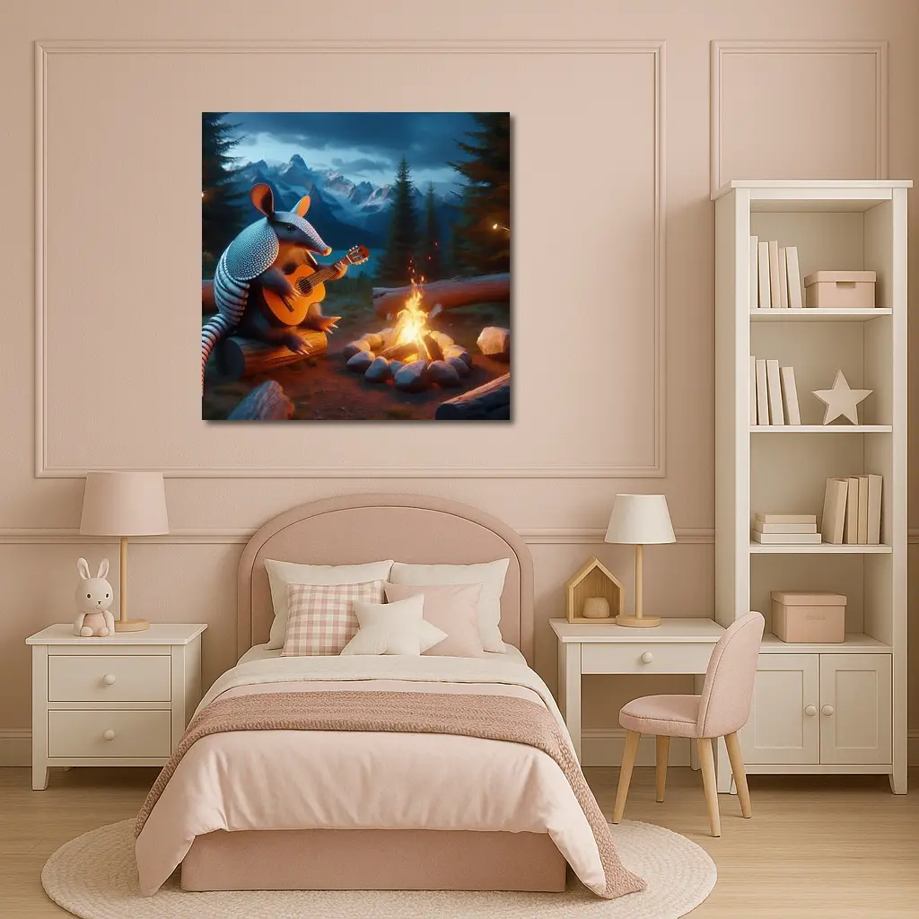 Armadillo Playing Guitar By Campfire Mountains – Wall Art