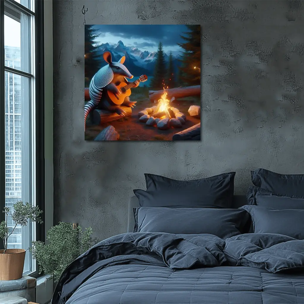 Armadillo Playing Guitar By Campfire Mountains – Wall Art