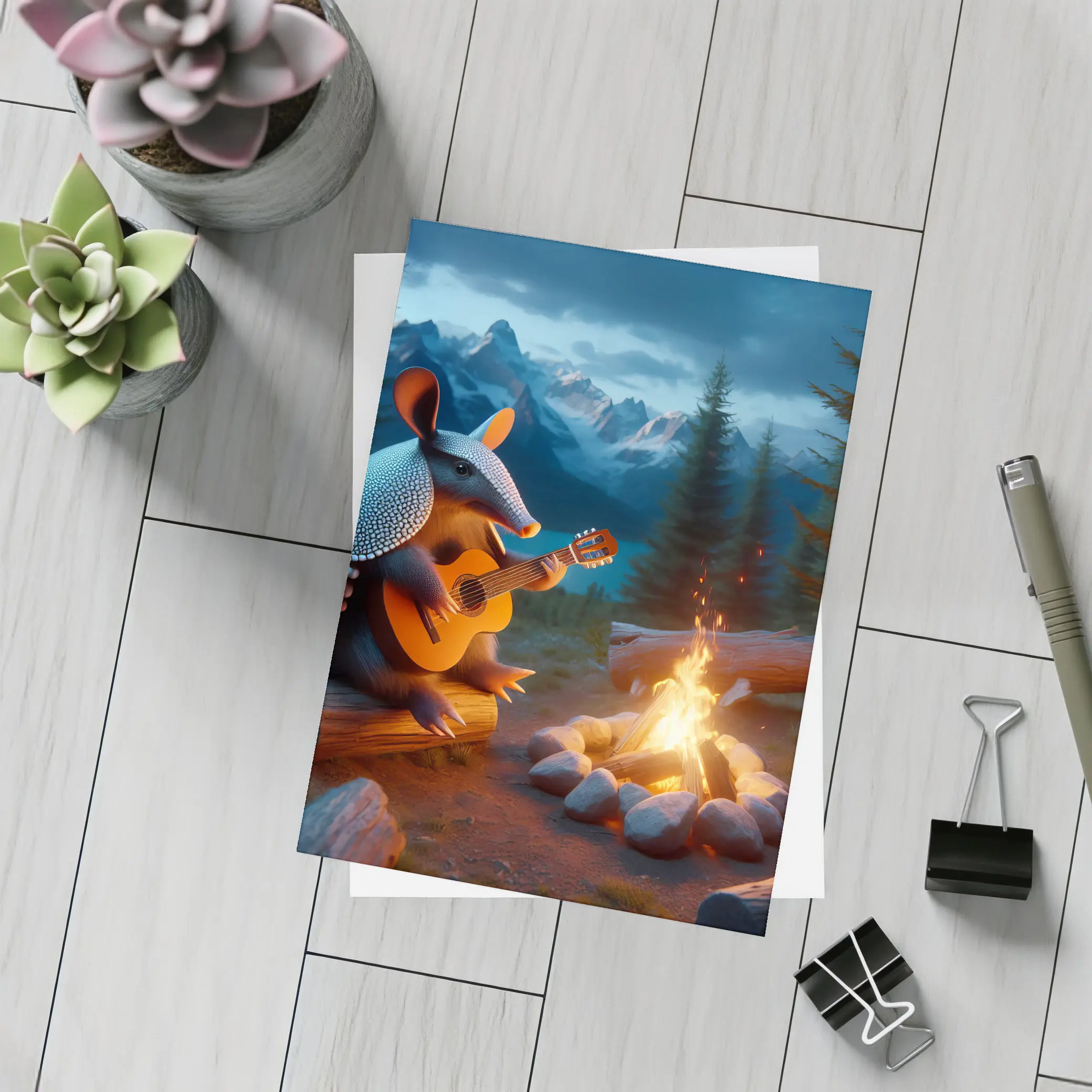 Armadillo Playing Guitar By Campfire Mountains – Postcards