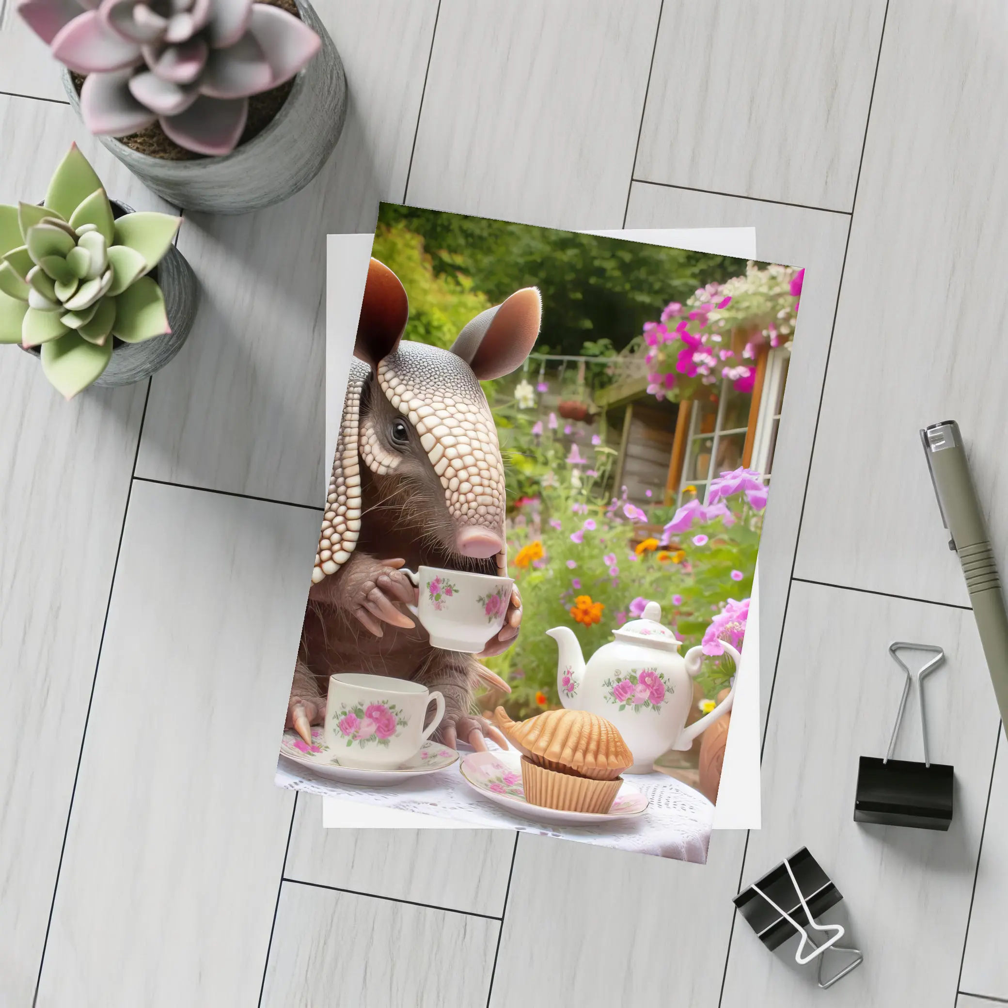 Armadillo Having Tea Party Garden – Postcards