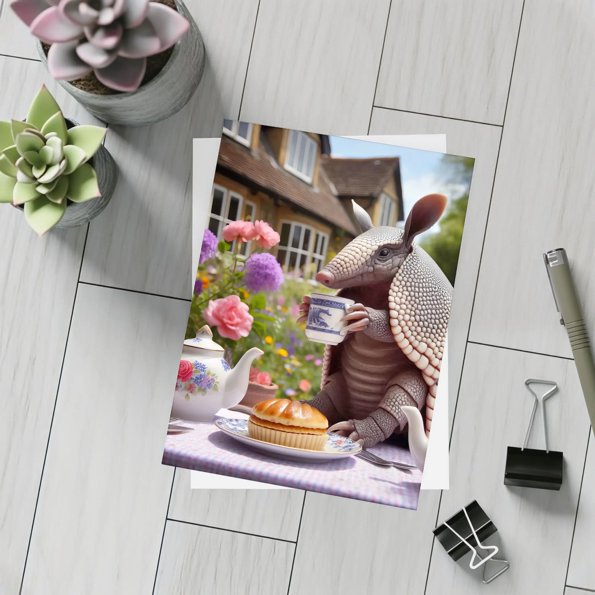 Armadillo Drinking Tea English Garden – Postcards