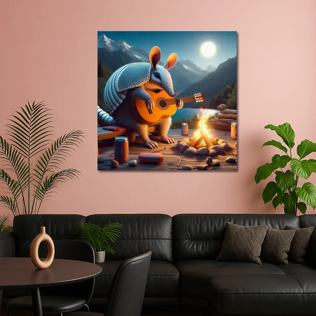 Armadillo Playing Guitar by Campfire Night – Wall Art