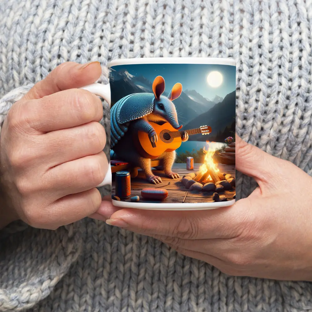 Armadillo Playing Guitar by Campfire Night – Mugs