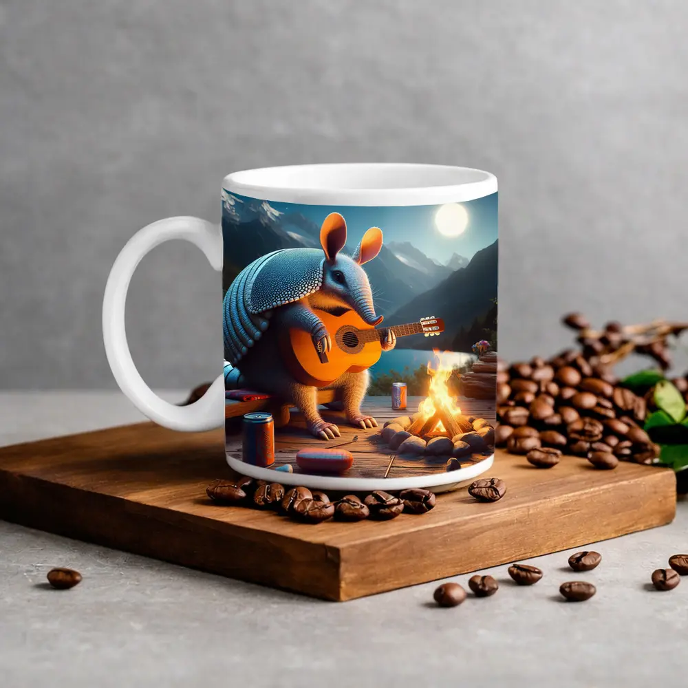 Armadillo Playing Guitar by Campfire Night – Mugs