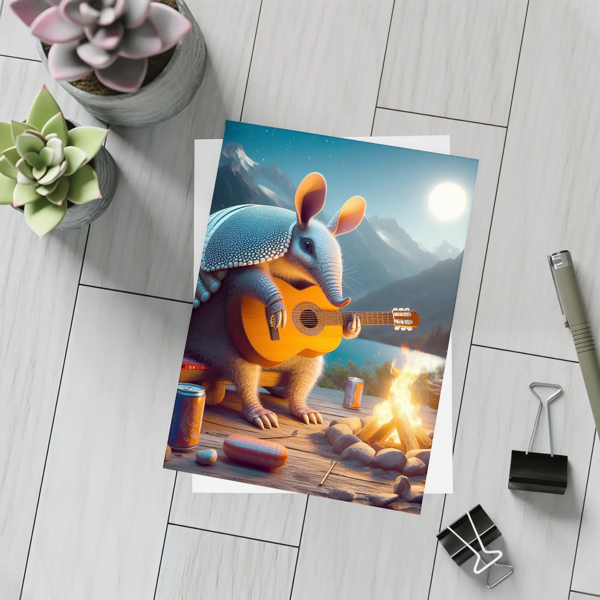 Armadillo Playing Guitar by Campfire Night – Postcards