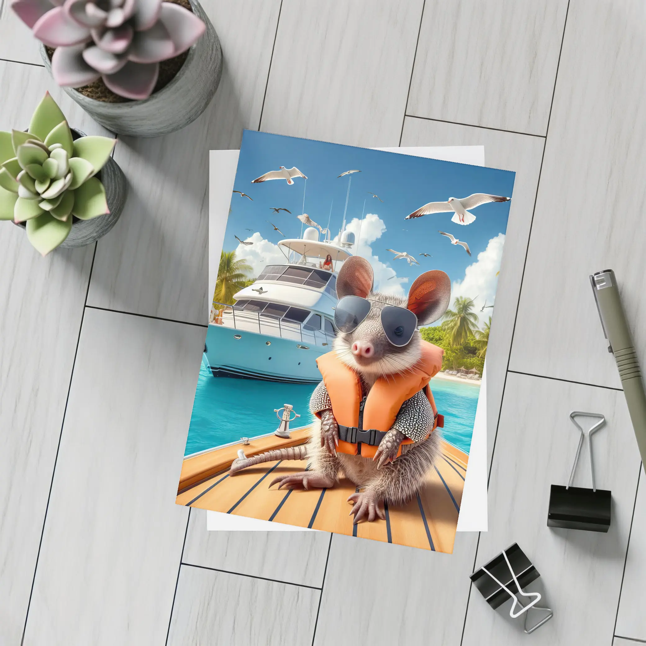 Opossum Wearing Sunglasses On Tropical Yacht – Postcards