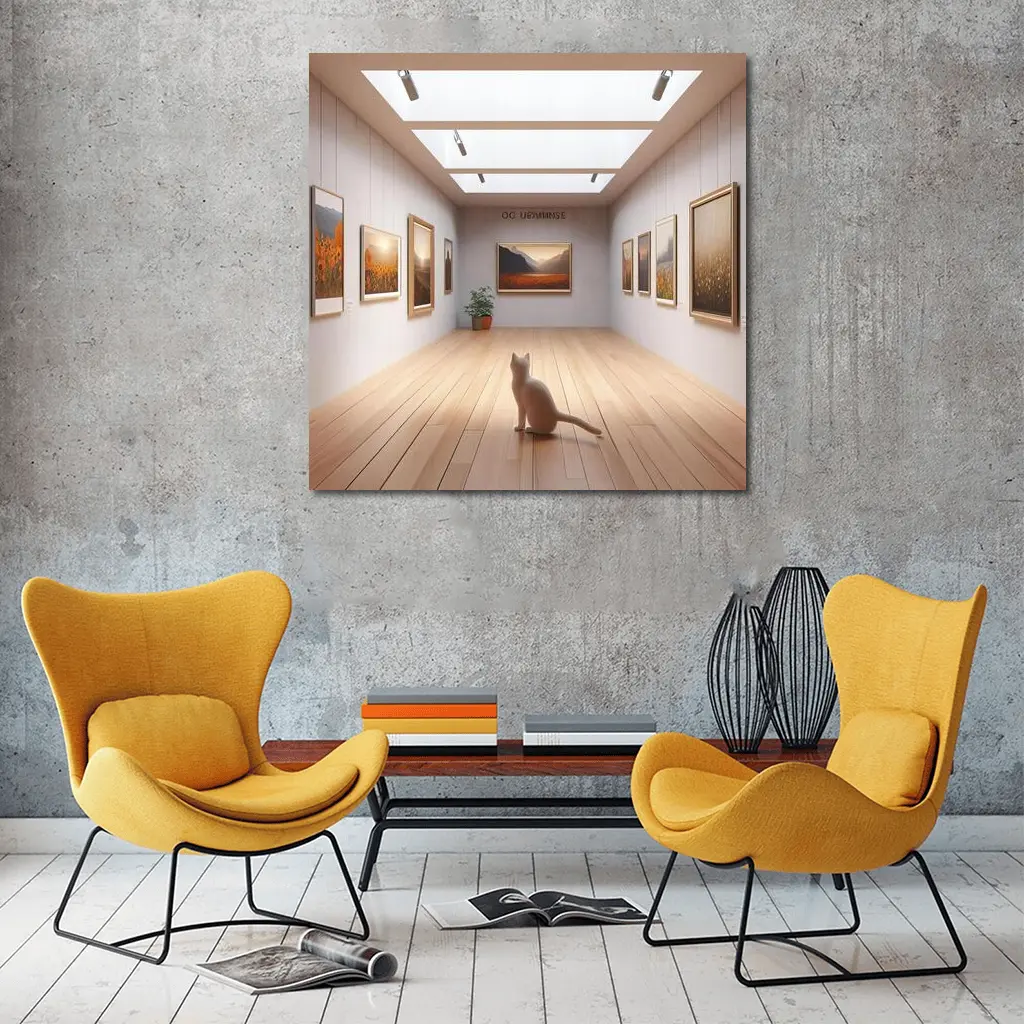 White Cat Sitting In Art Gallery – Wall Art