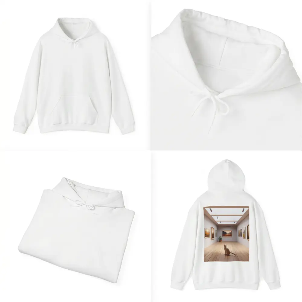 White Cat Sitting In Art Gallery – Hoodies