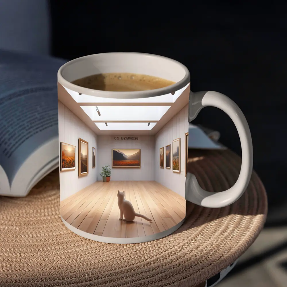 White Cat Sitting In Art Gallery – Mugs