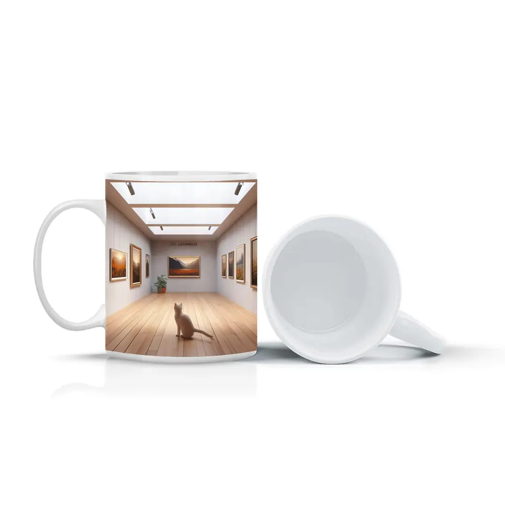 White Cat Sitting In Art Gallery – Mugs