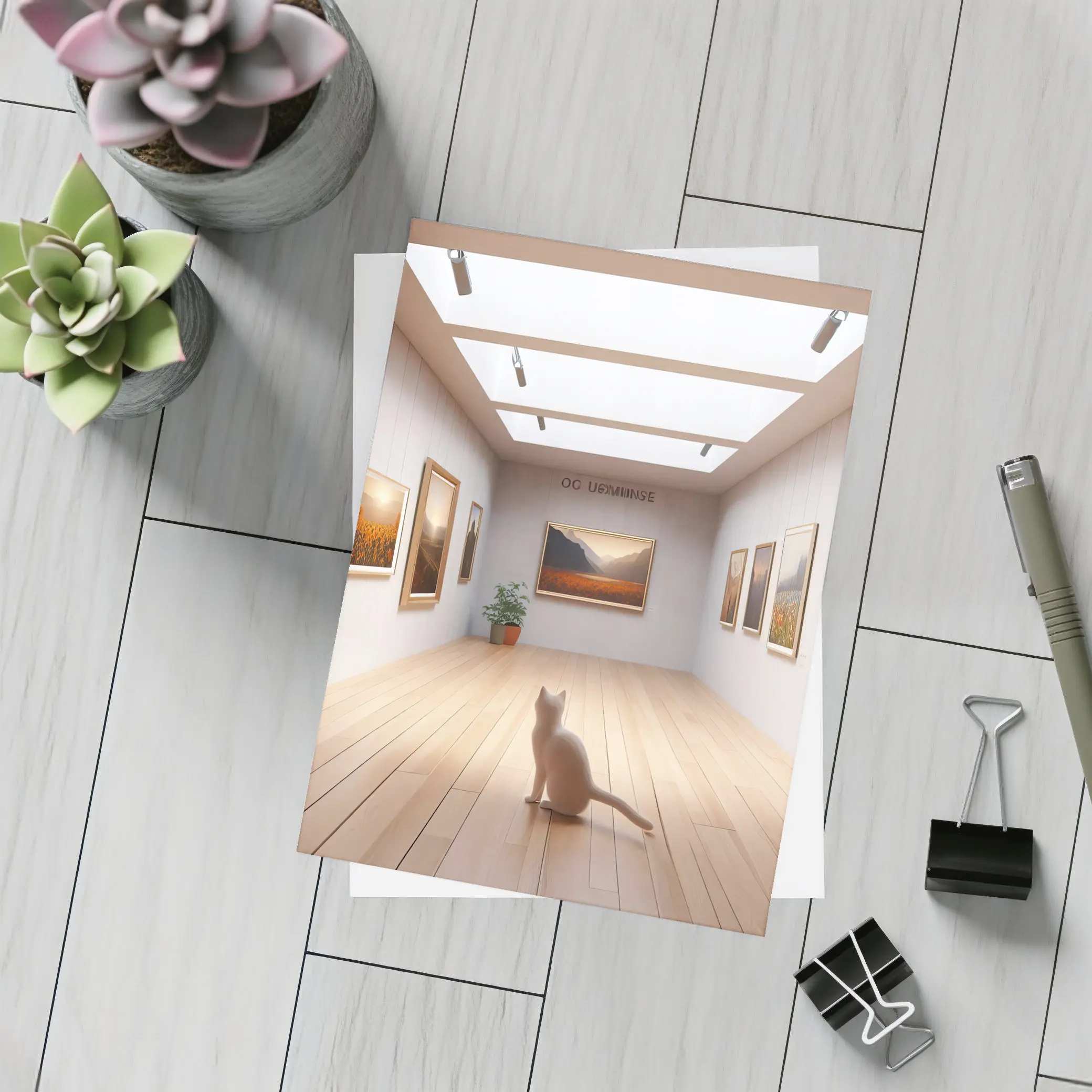 White Cat Sitting In Art Gallery – Postcards