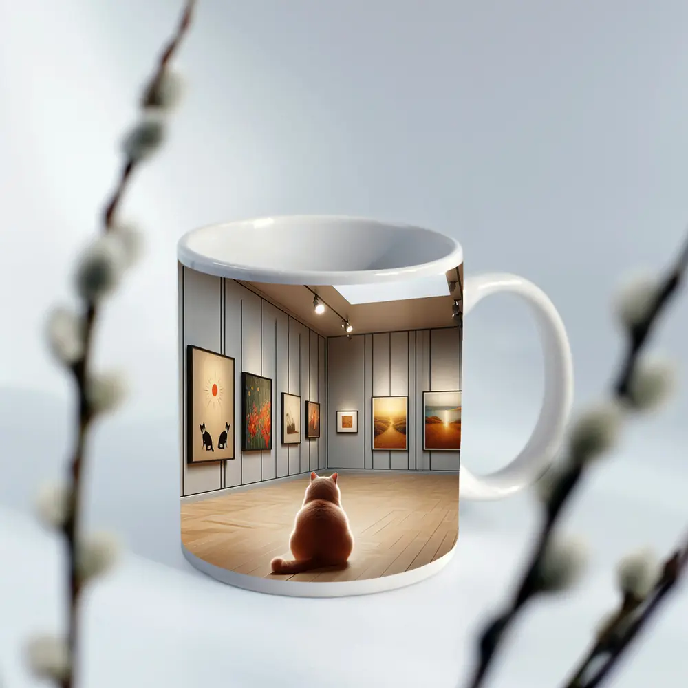 Cat Sitting In Art Gallery Room – Mugs